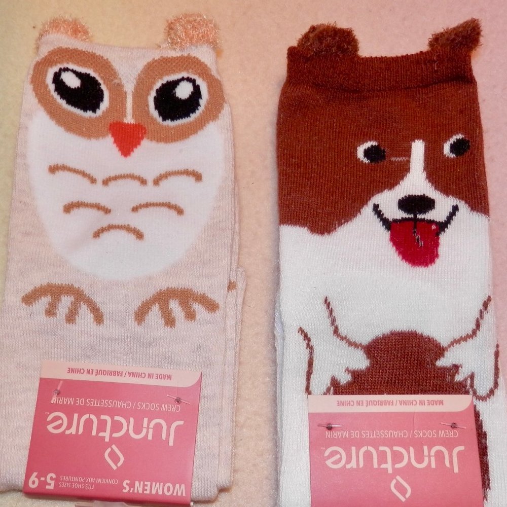 TWO PAIR OF CREW SOCKS * OWL AND A DOG * SHOE SIZE 5-9 * CUTE *
